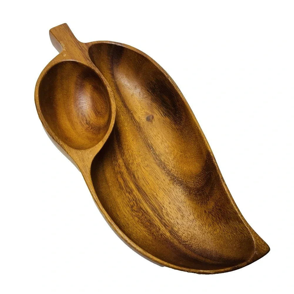 Vintage Monkey Pod‎ Wood Philcraft Bowl Leaf Shape Tray Hand Crafted Philippines